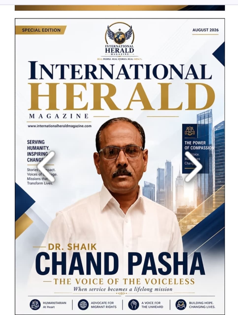 మూడు దశాబ్దాల మానవతా సేవకు డాక్టర్ షేక్ చాంద్ పాషాకు ఇంటర్నేషనల్ హెరాల్డ్ మ్యాగజైన్ గౌరవం